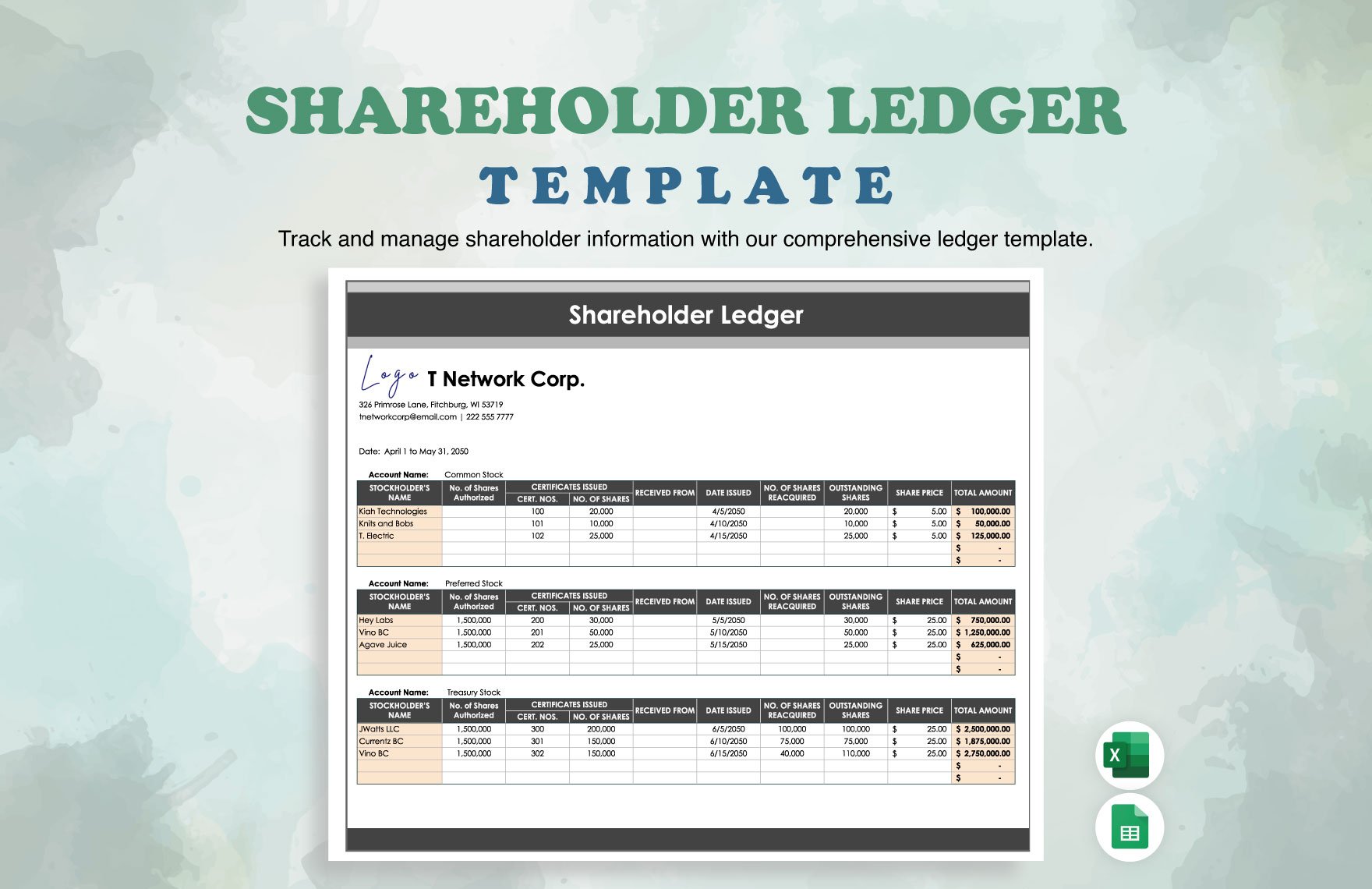 Shareholder Ledger Template in Excel, Google Sheets