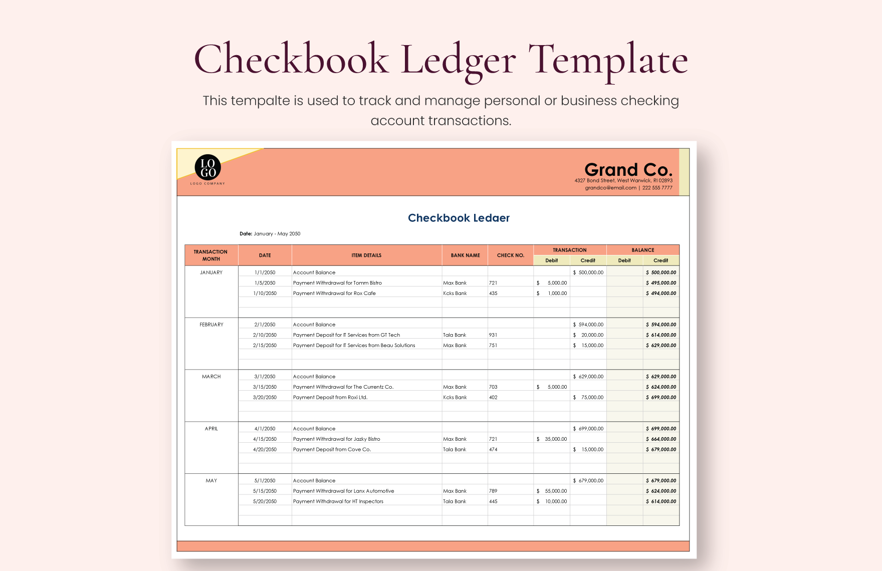 Checkbook Ledger Template