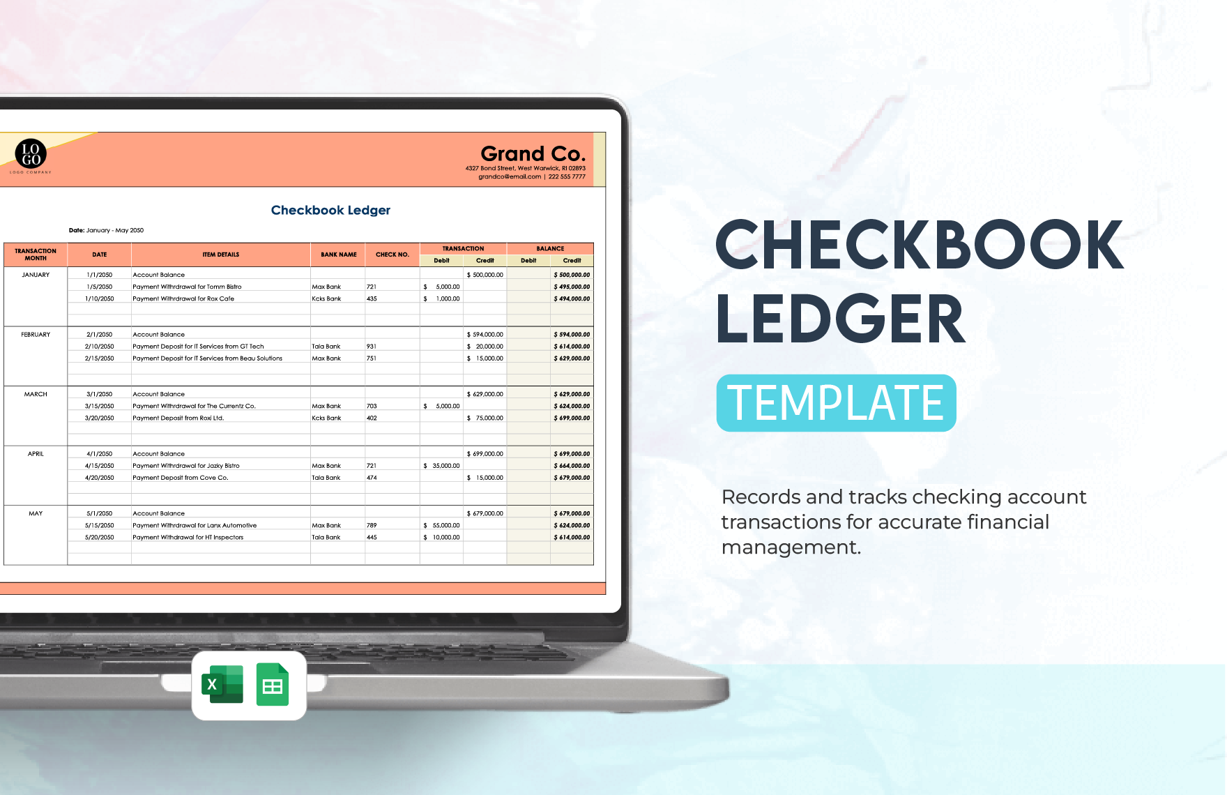 Checkbook Ledger Template in Excel, Google Sheets