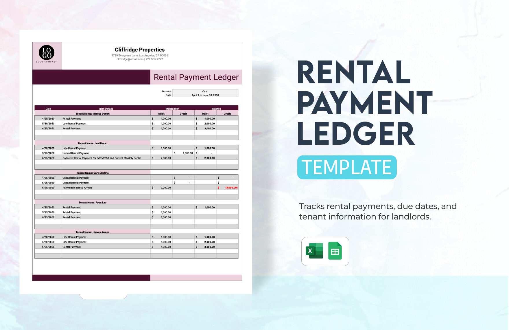 Rental Payment Ledger Template in Excel, Google Sheets