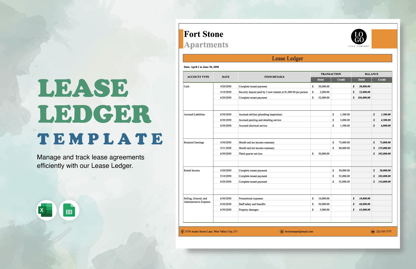 Lease Ledger Template in Excel, Google Sheets