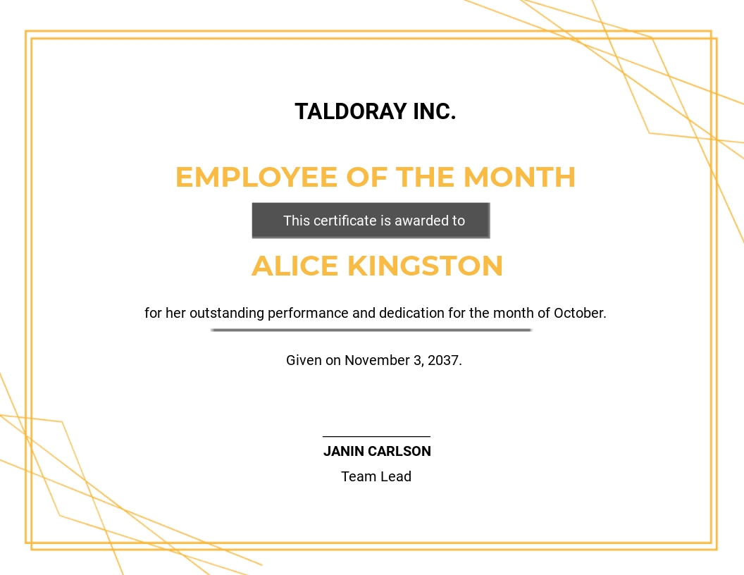 Employee of the Month Award Certificate Template - Google Docs, Illustrator, InDesign, Word, Outlook, Apple Pages, PSD, Publisher