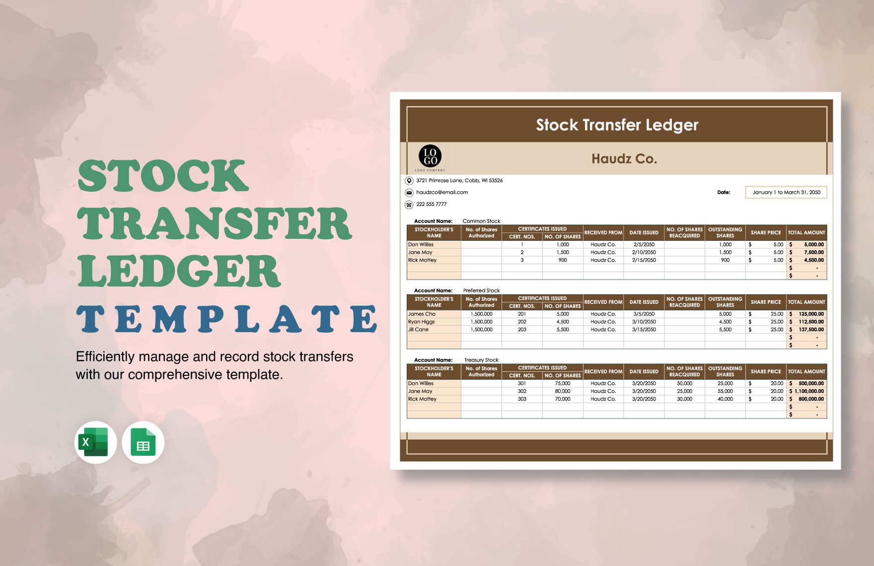 Stock Transfer Ledger  Template in Excel, Google Sheets