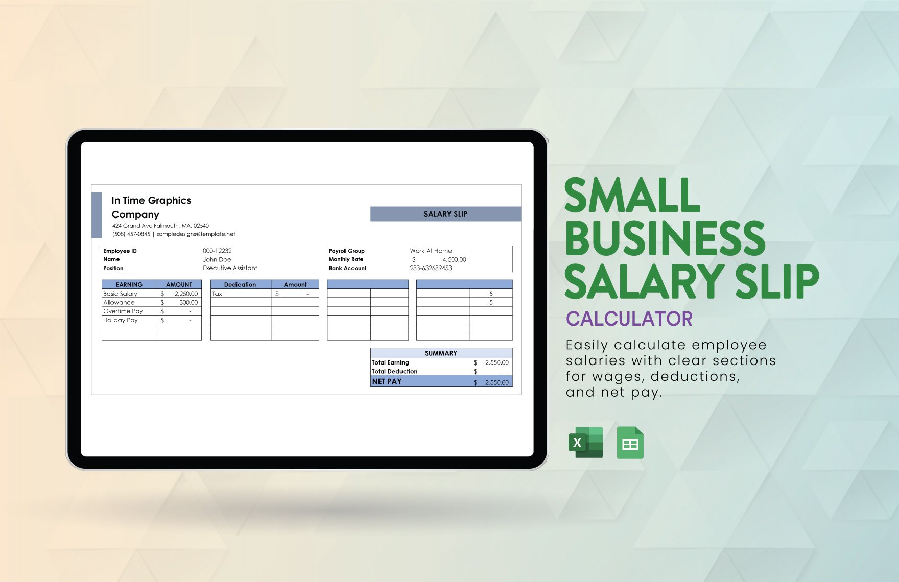 Small Business Salary Slip Calculator in Excel, Google Sheets