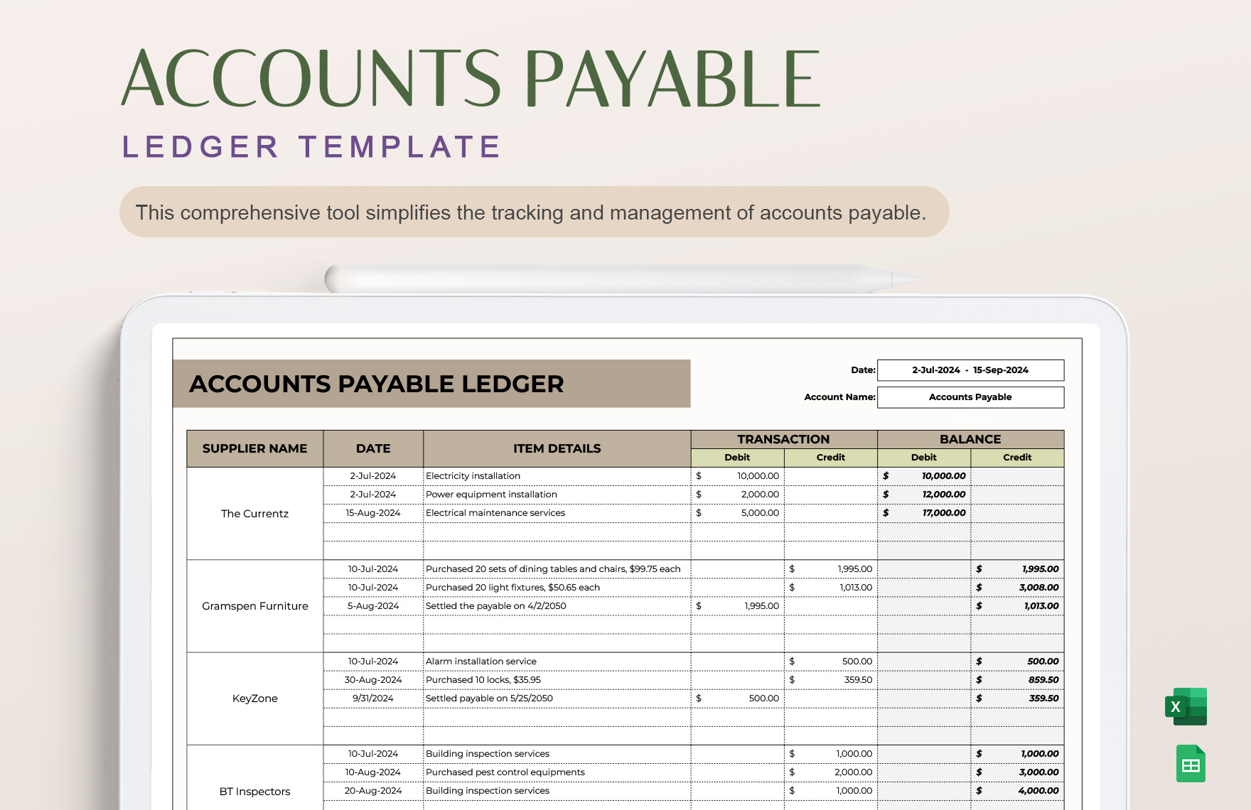 Accounts Payable Ledger Template in MS Excel, Google Sheets - Download | Template.net