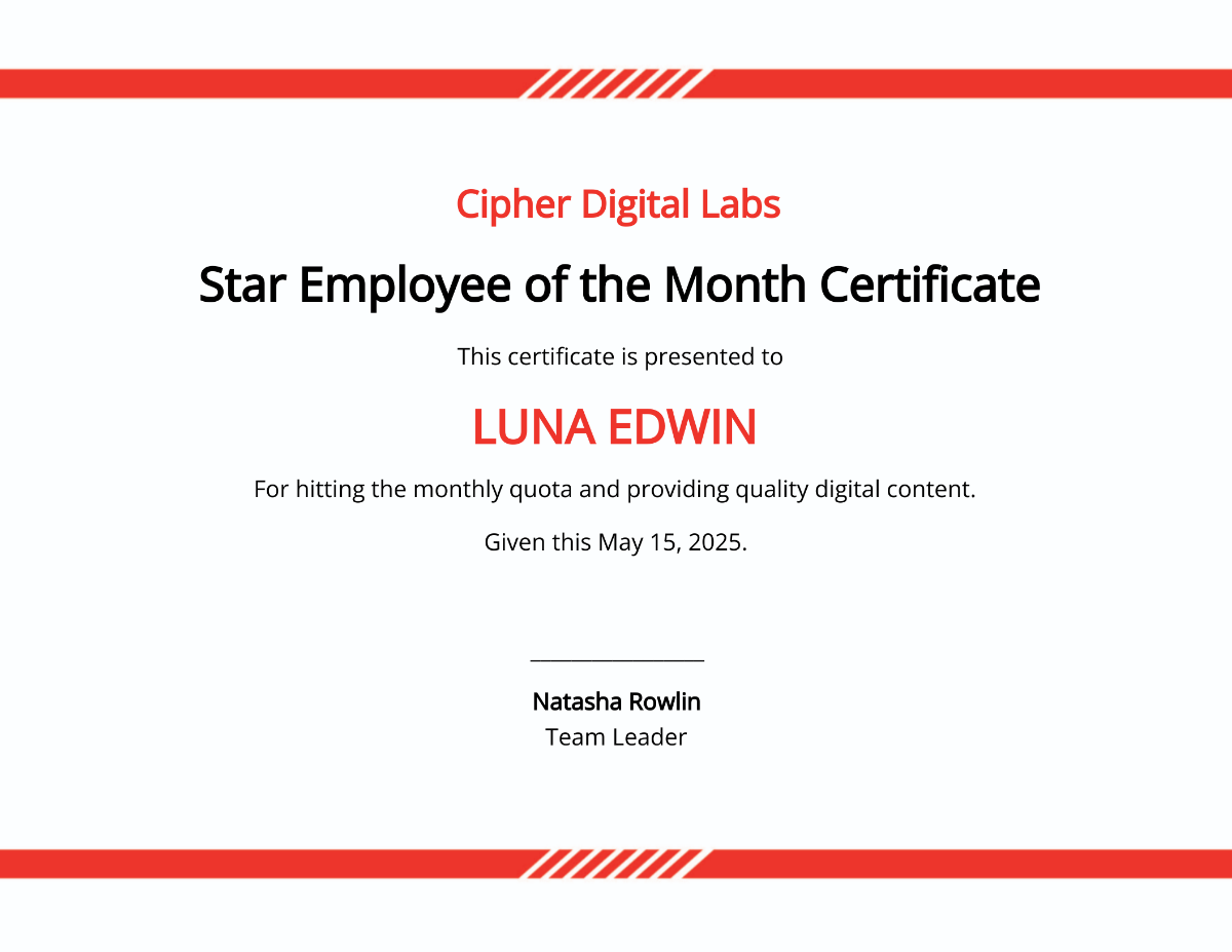 Star Employee of the Month Certificate Template
