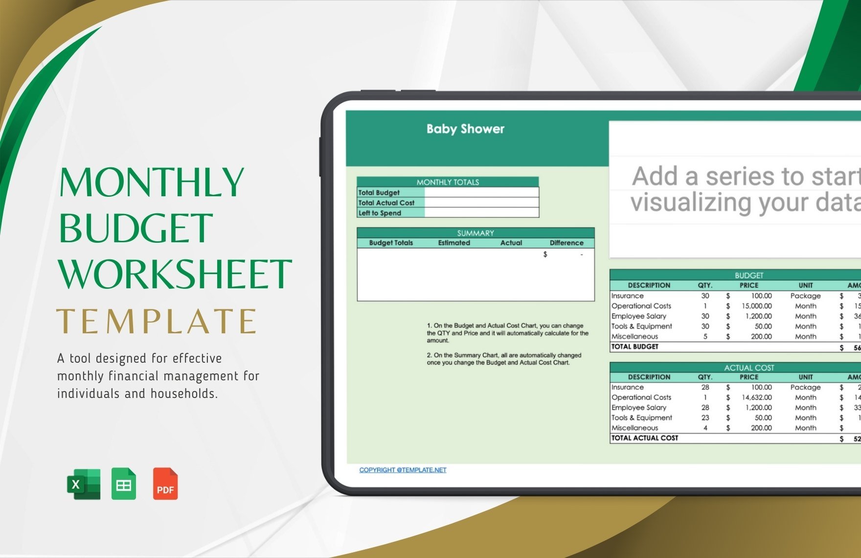 Monthly Budget Worksheet Template in Excel, PDF, Google Sheets