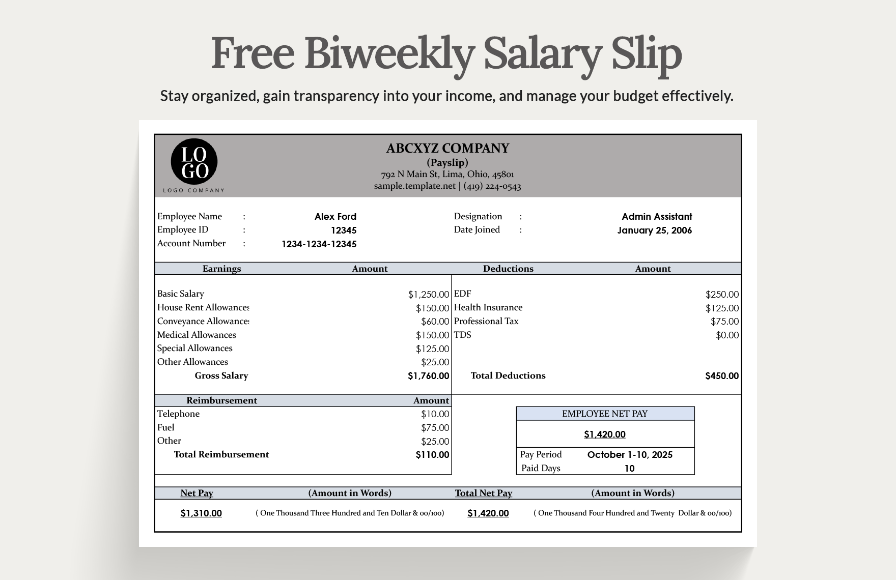 Biweekly Salary Slip in Excel, Google Sheets Download