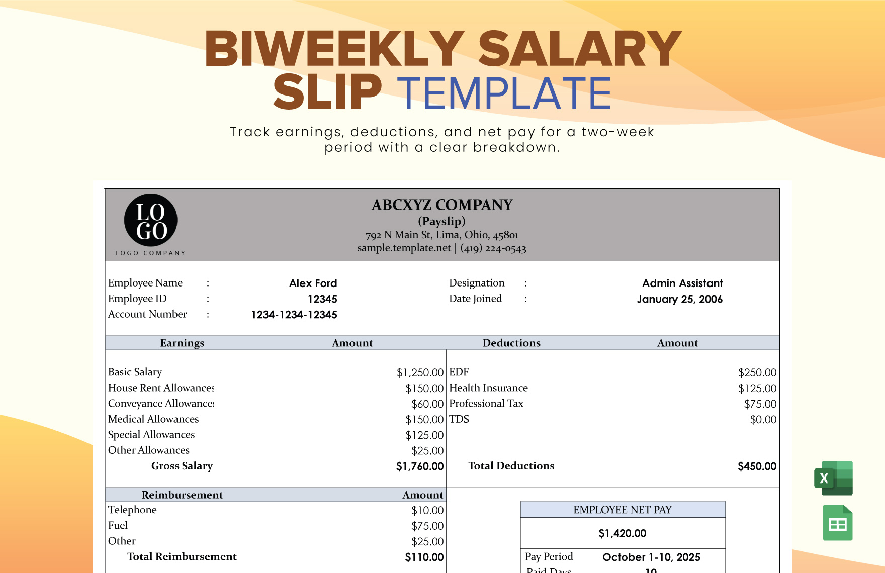 Biweekly Salary Slip in Excel, Google Sheets