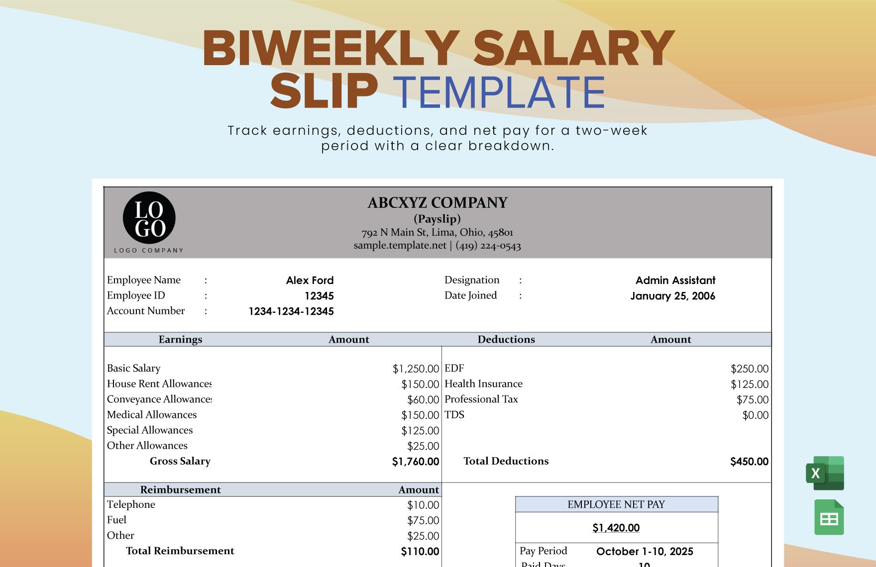 Biweekly Salary Slip in Excel, Google Sheets