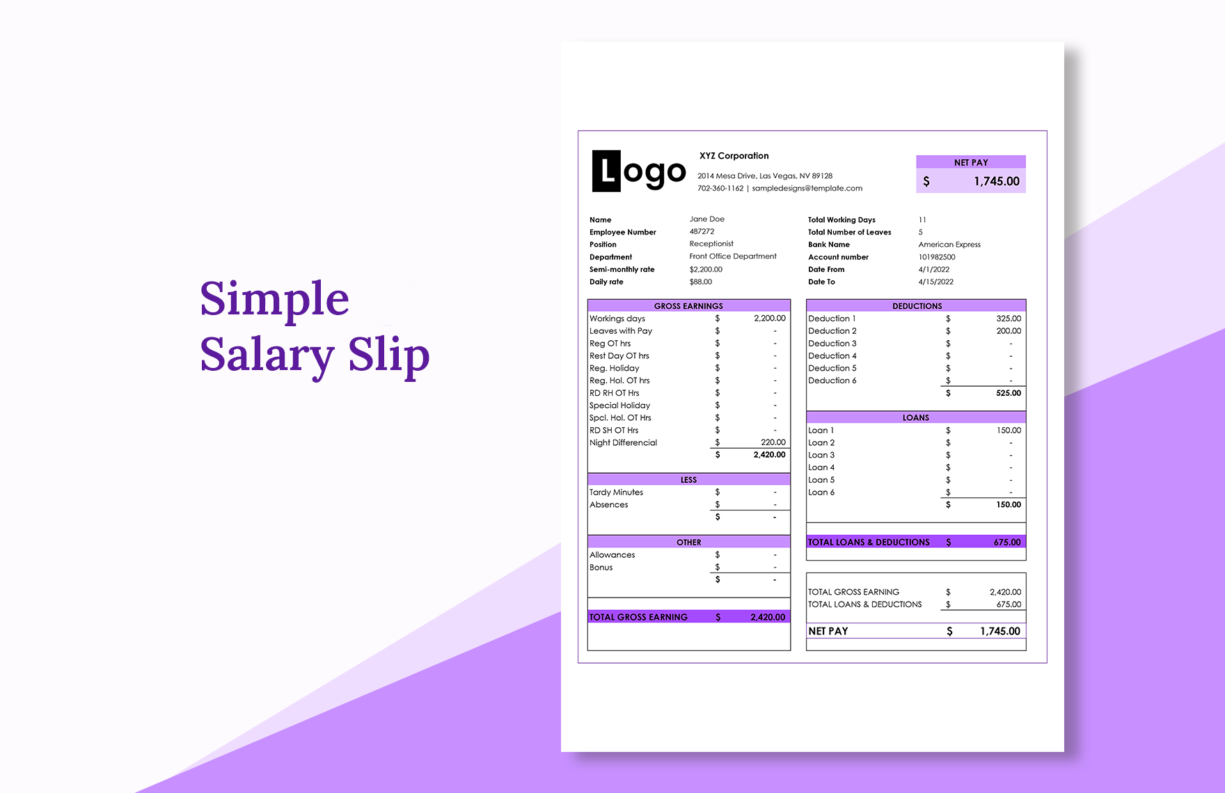 Free Simple Salary Slip in Excel, PDF, Google Sheets