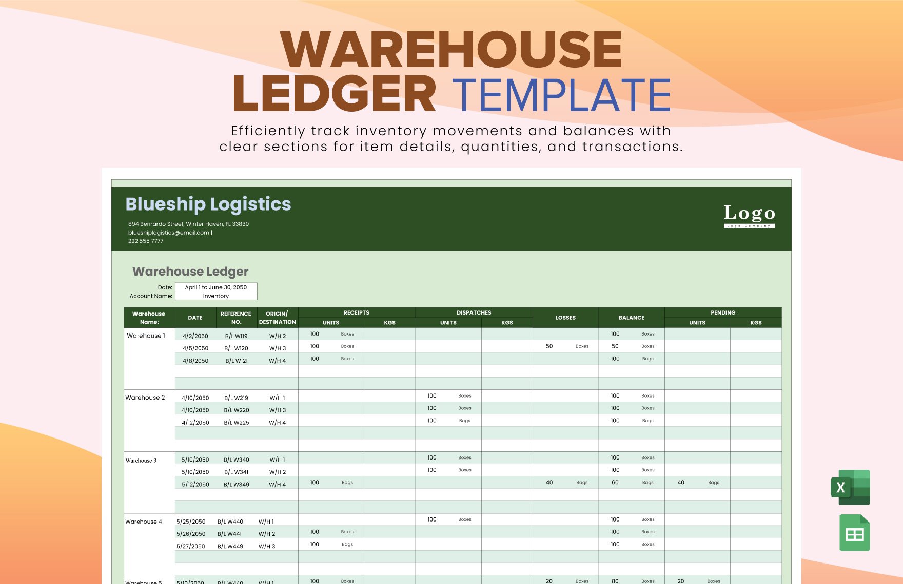 Warehouse Ledger Template in Excel, Google Sheets