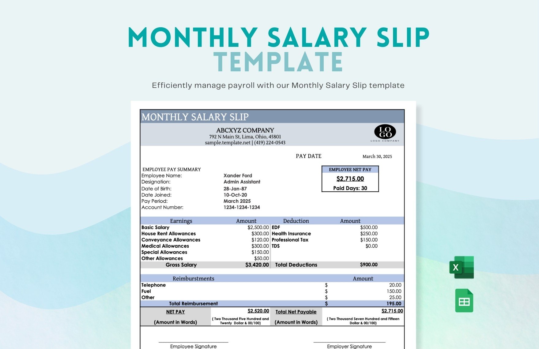 Monthly Salary Slip in Excel, Google Sheets