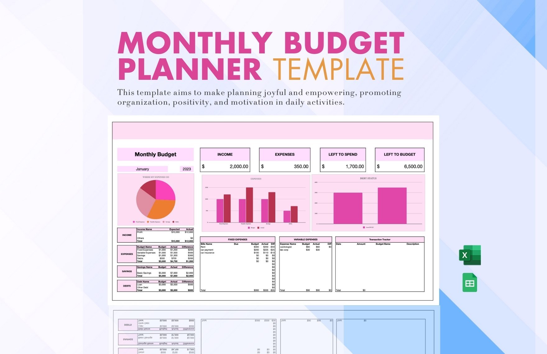 Monthly Budget Planner in Excel, Google Sheets