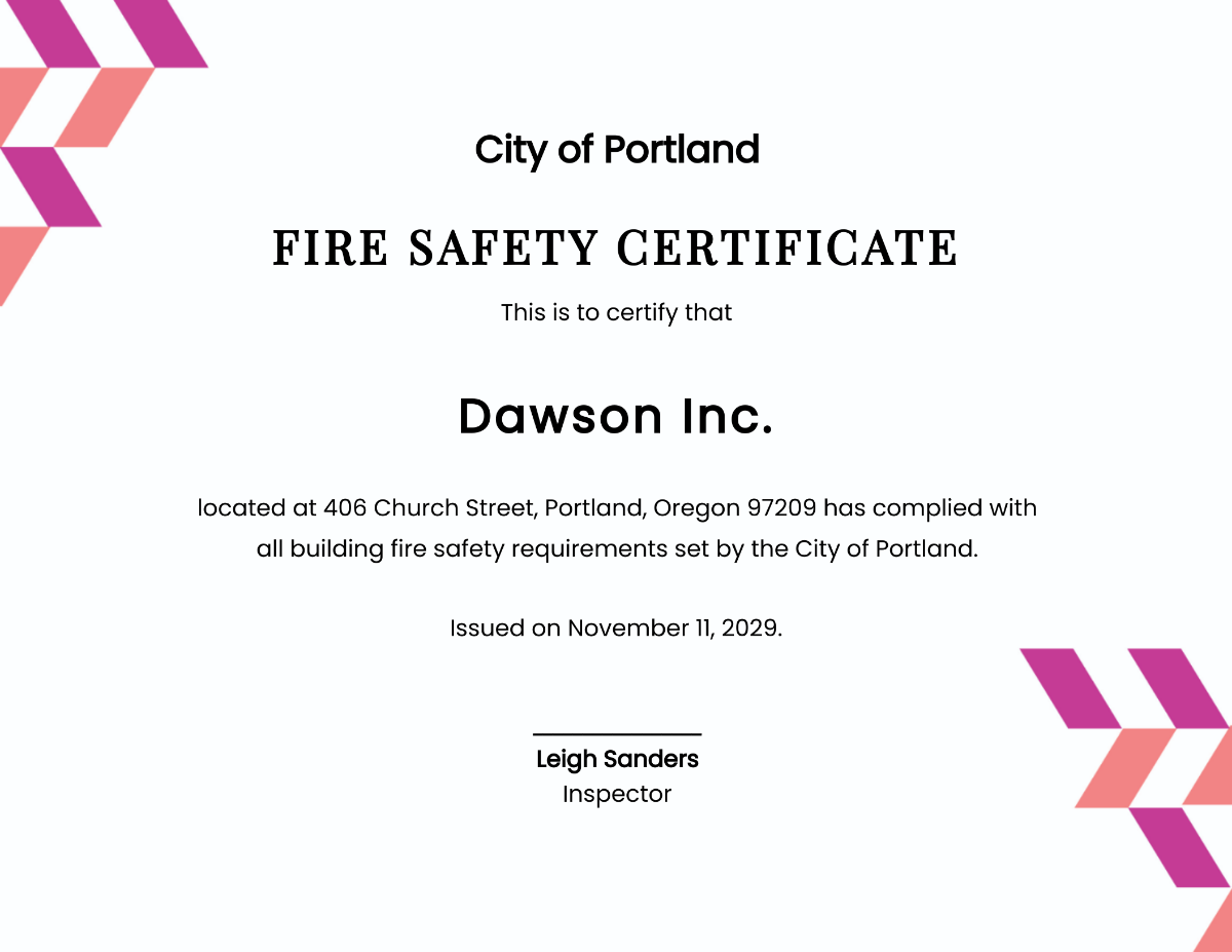 Free Fire Safety Certificate Template