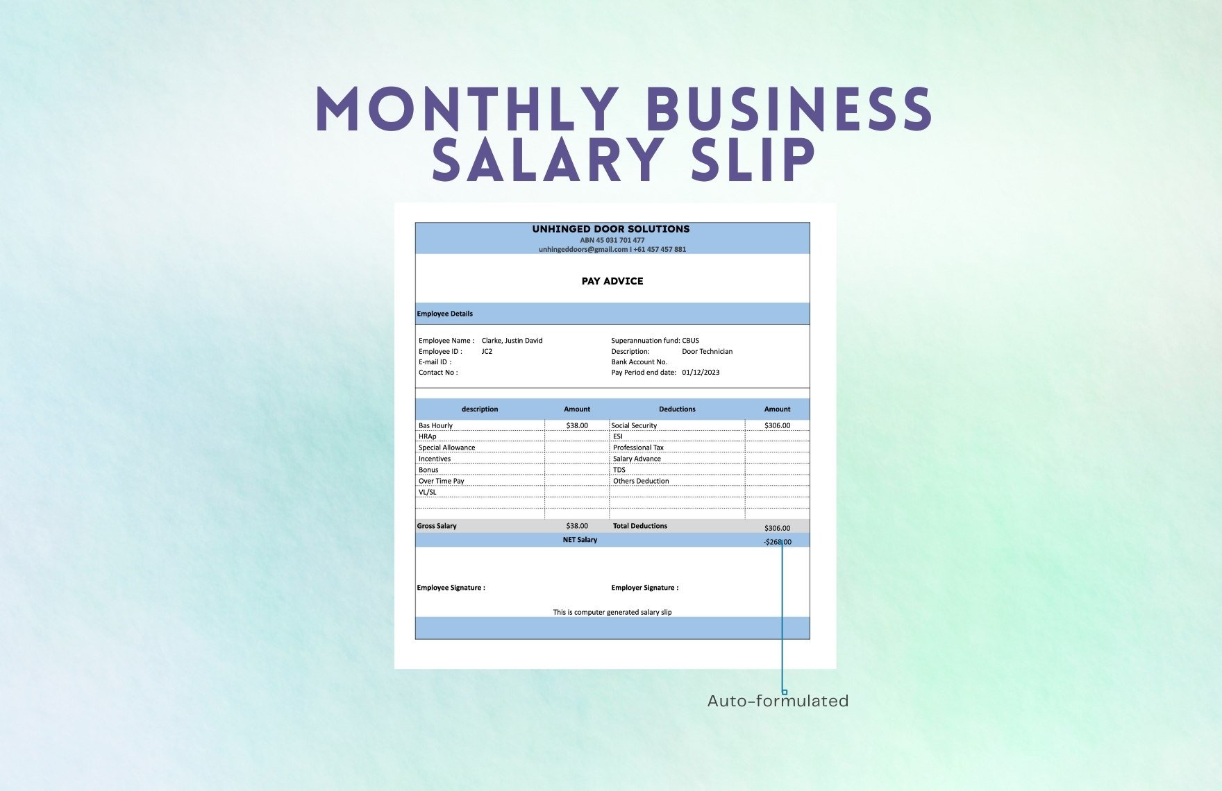 Monthly Business Salary Slip