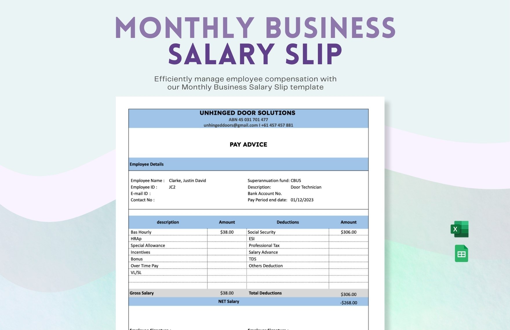 Monthly Business Salary Slip in Excel, Google Sheets
