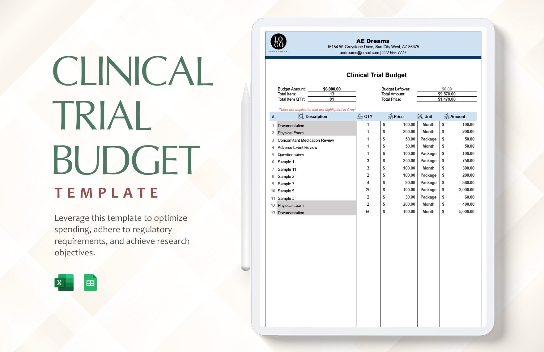 Clinical Trial Budget Template in Excel, Google Sheets