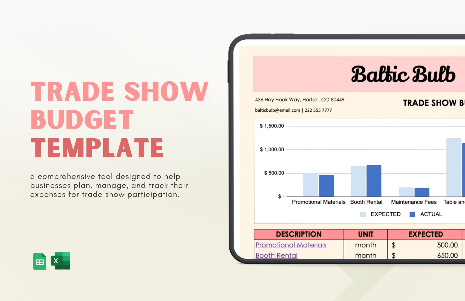 Trade Show Budget Template in Excel, Google Sheets