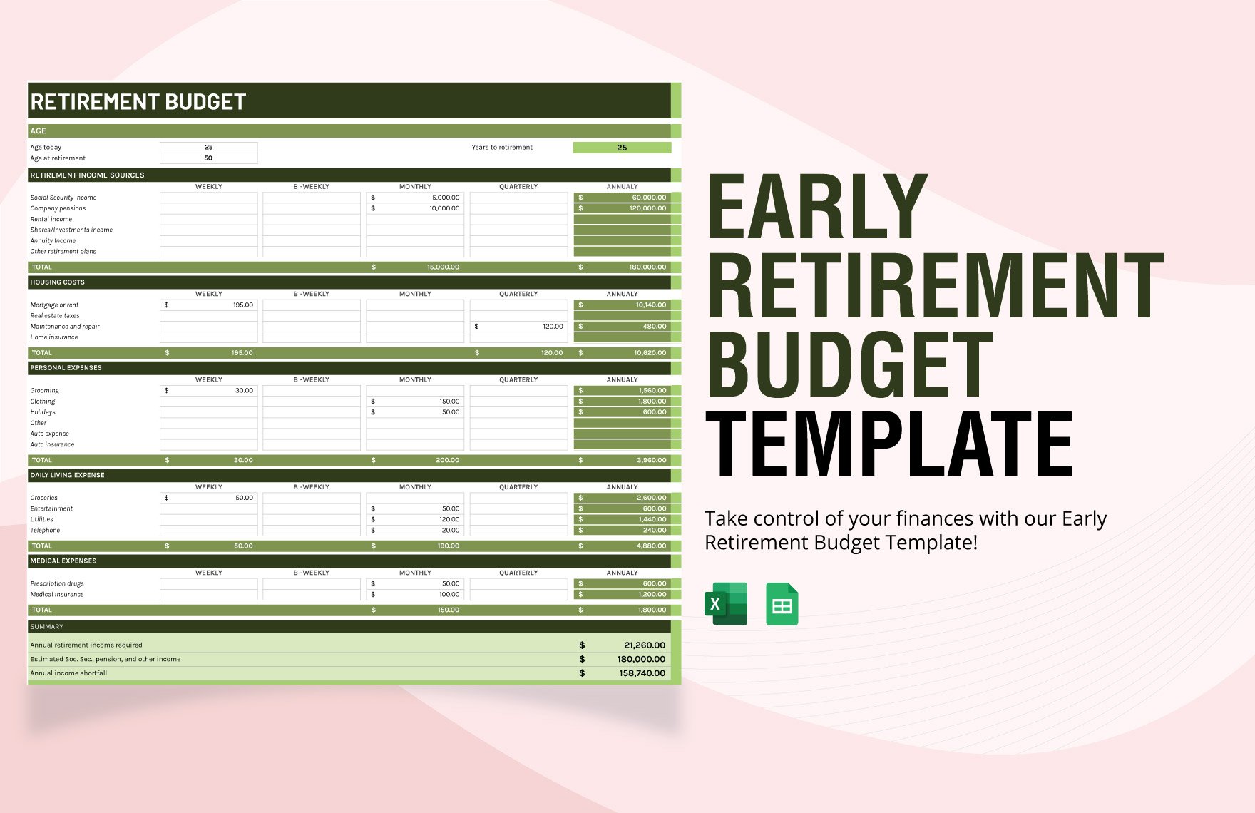Early Retirement Budget Template in Excel, Google Sheets