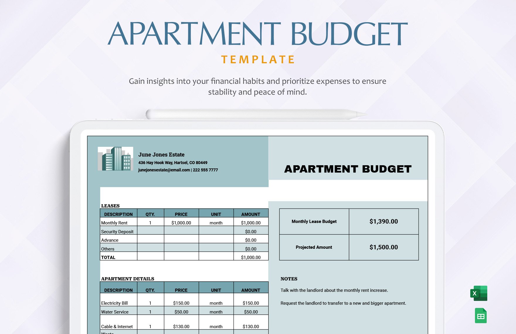 Apartment Budget Template in Excel, Google Sheets