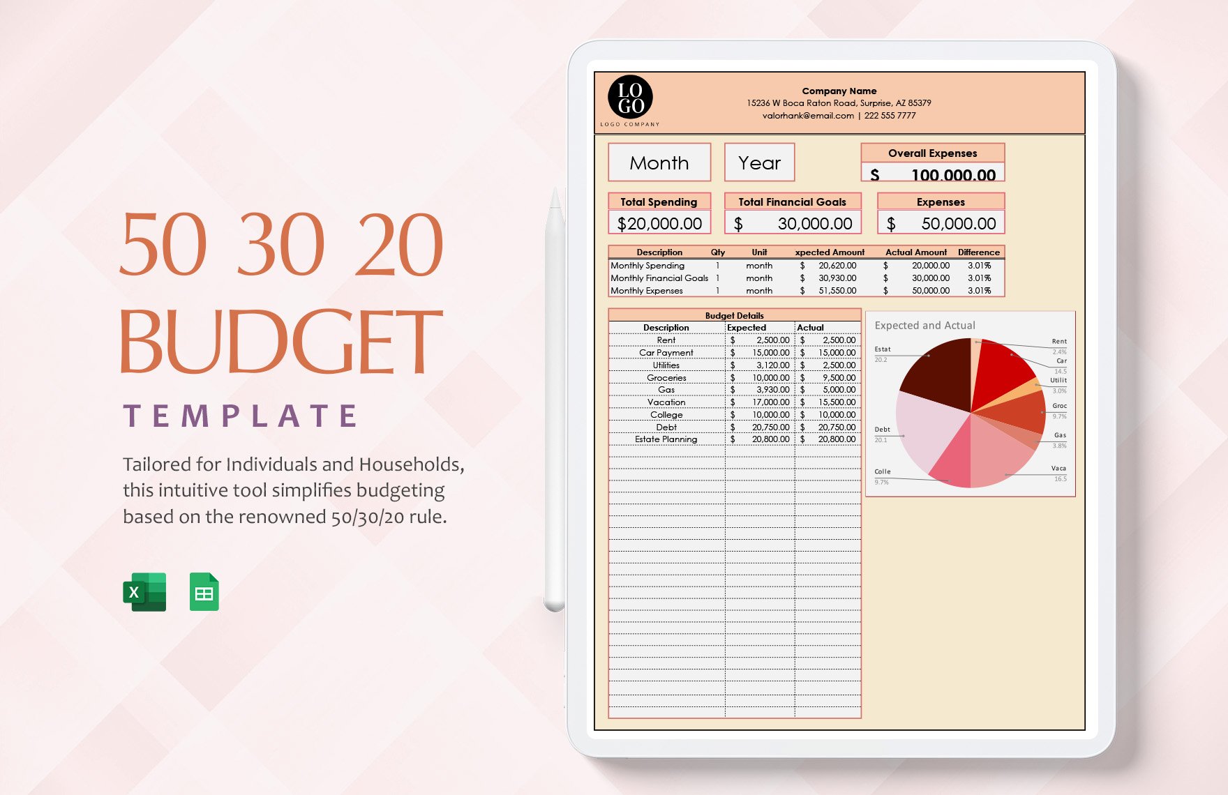 50 30 20 Budget Template in Excel, Google Sheets