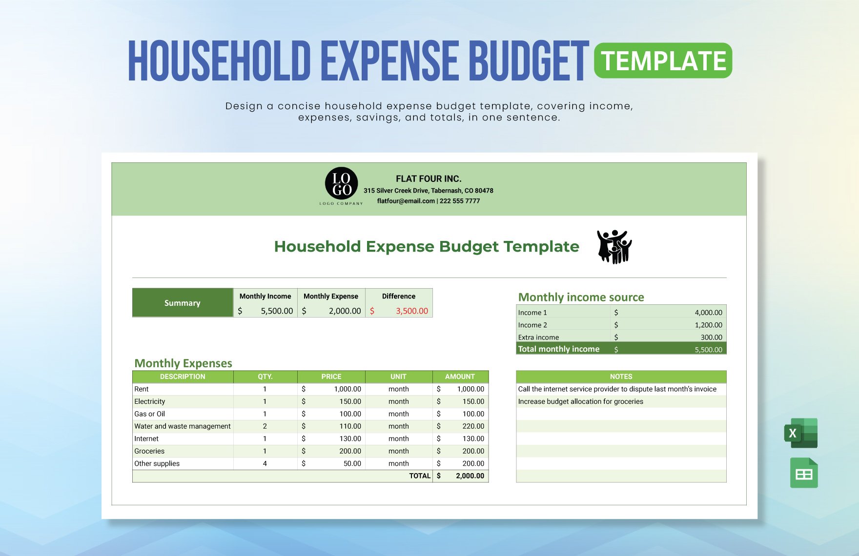 Free Household Expense Budget Template