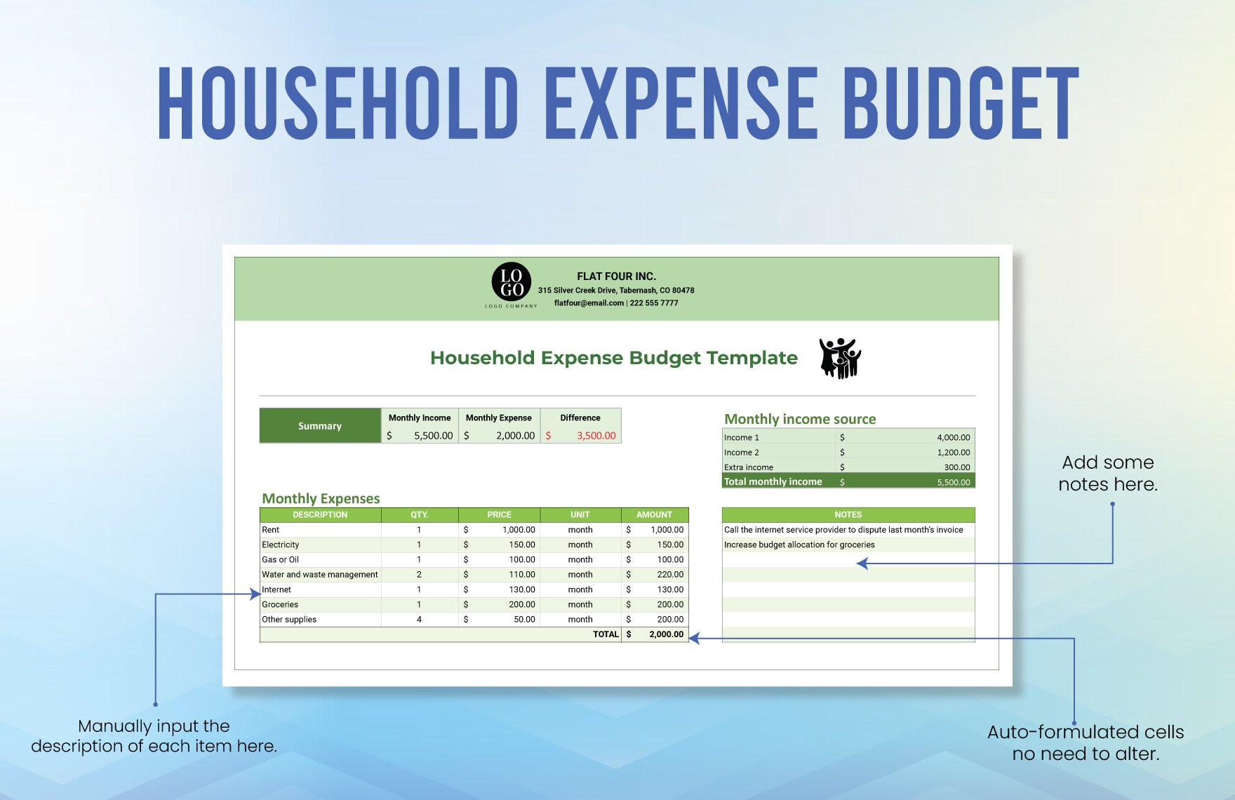 Household Expense Budget Template