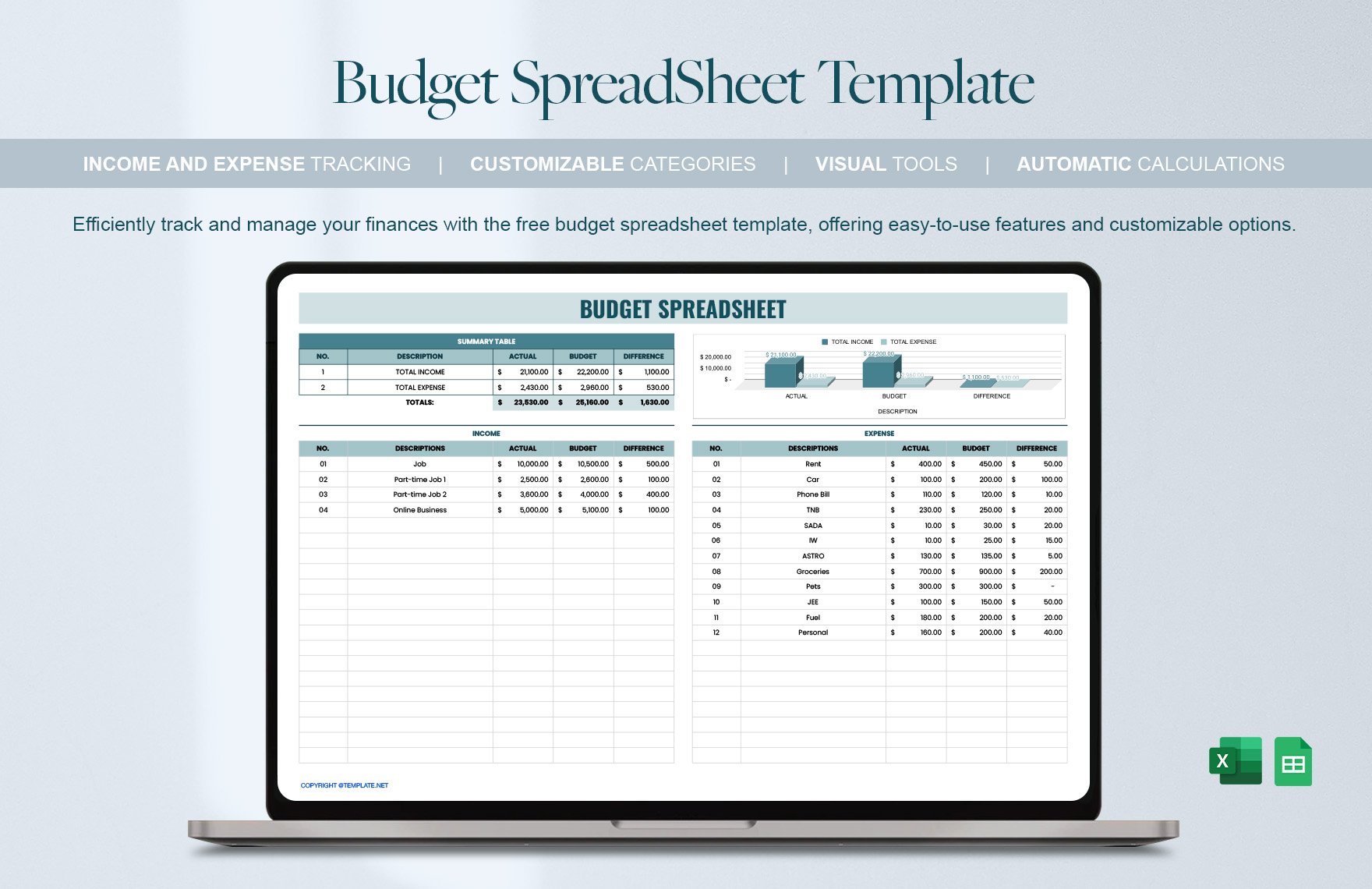 Free Budget SpreadSheet Template in Excel, Google Sheets