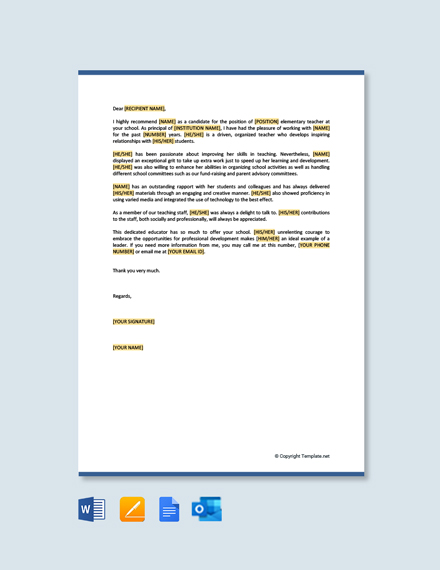 Letter of Recommendation for Elementary Teacher Template - Google Docs, Word, Outlook, Apple Pages