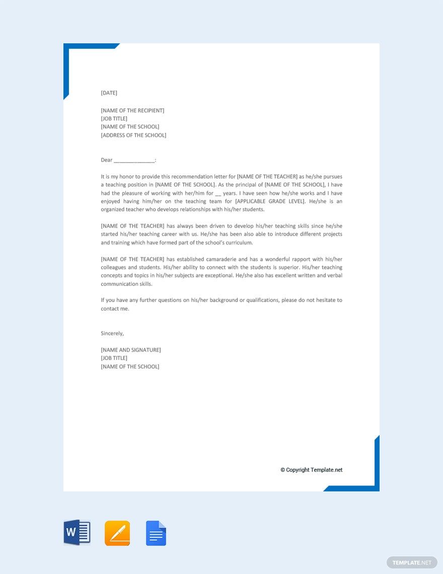 Recommendation Letter for a Teacher in Google Docs, Pages, Word, Google Docs, PDF - Download | Template.net