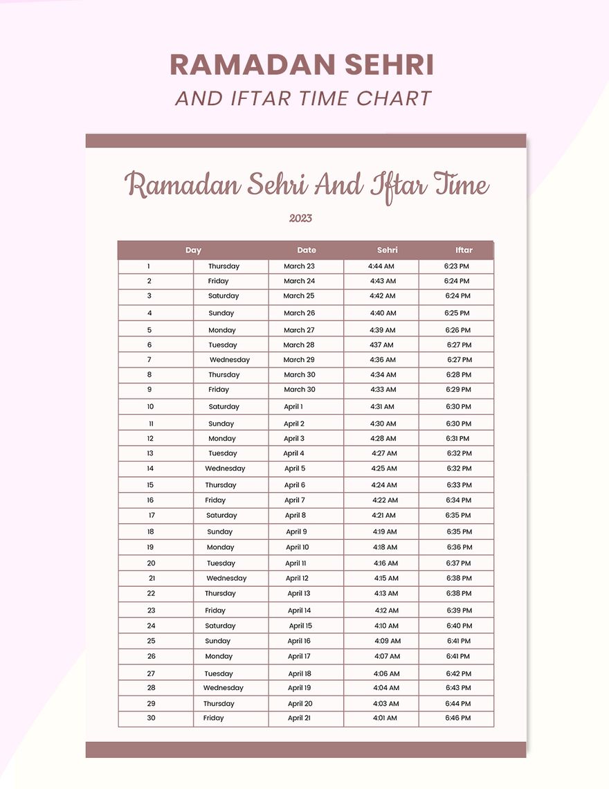 Ramadan Sehri and Iftar Time Chart