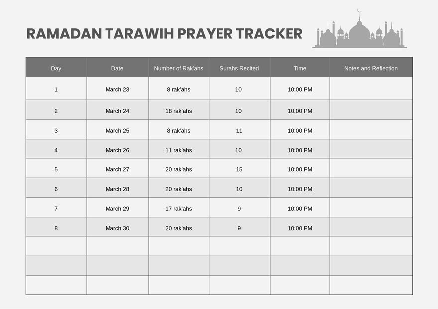 Ramadan Tarawih Prayer Tracker Chart in Illustrator, PDF Download