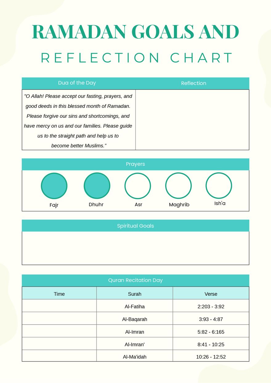 Ramadan Goals and Reflections Chart