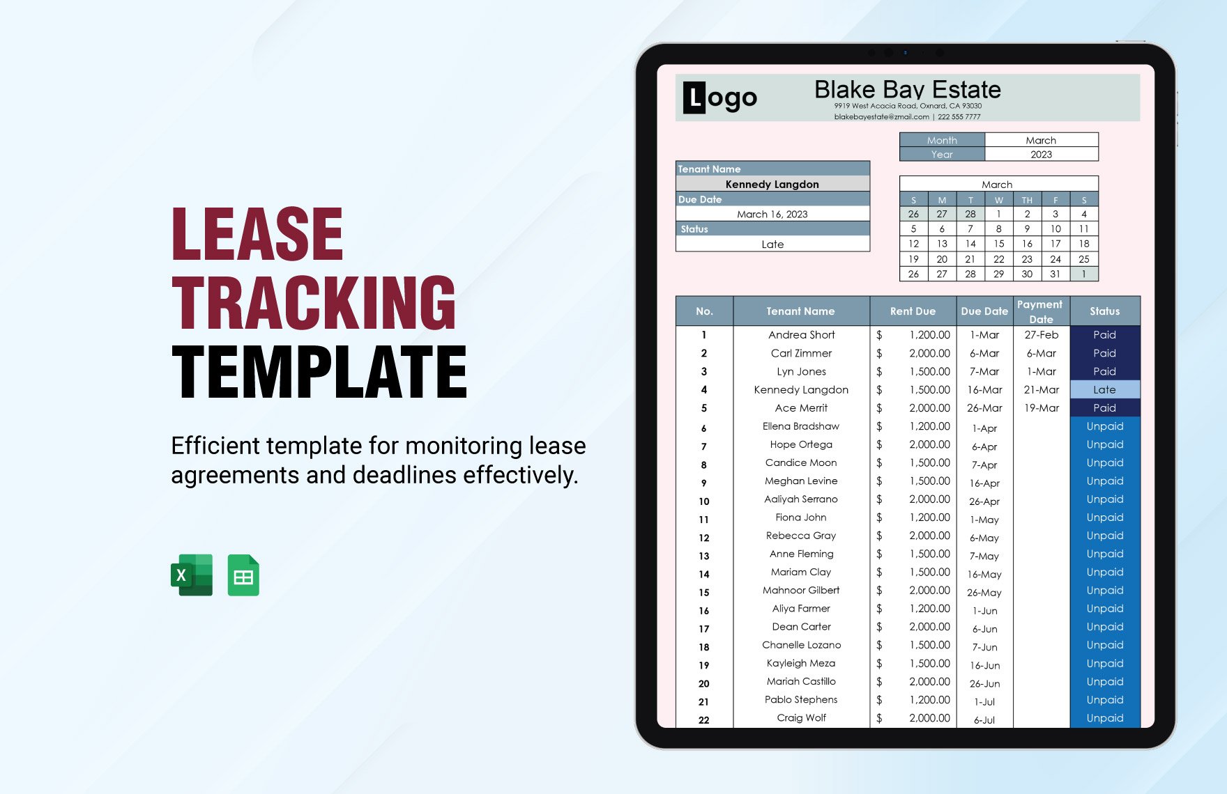 Lease Tracker Template in Excel, Google Sheets