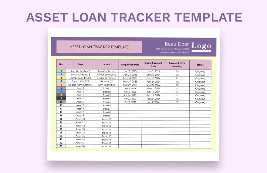 Asset Loan Tracker Template in Excel, Google Sheets
