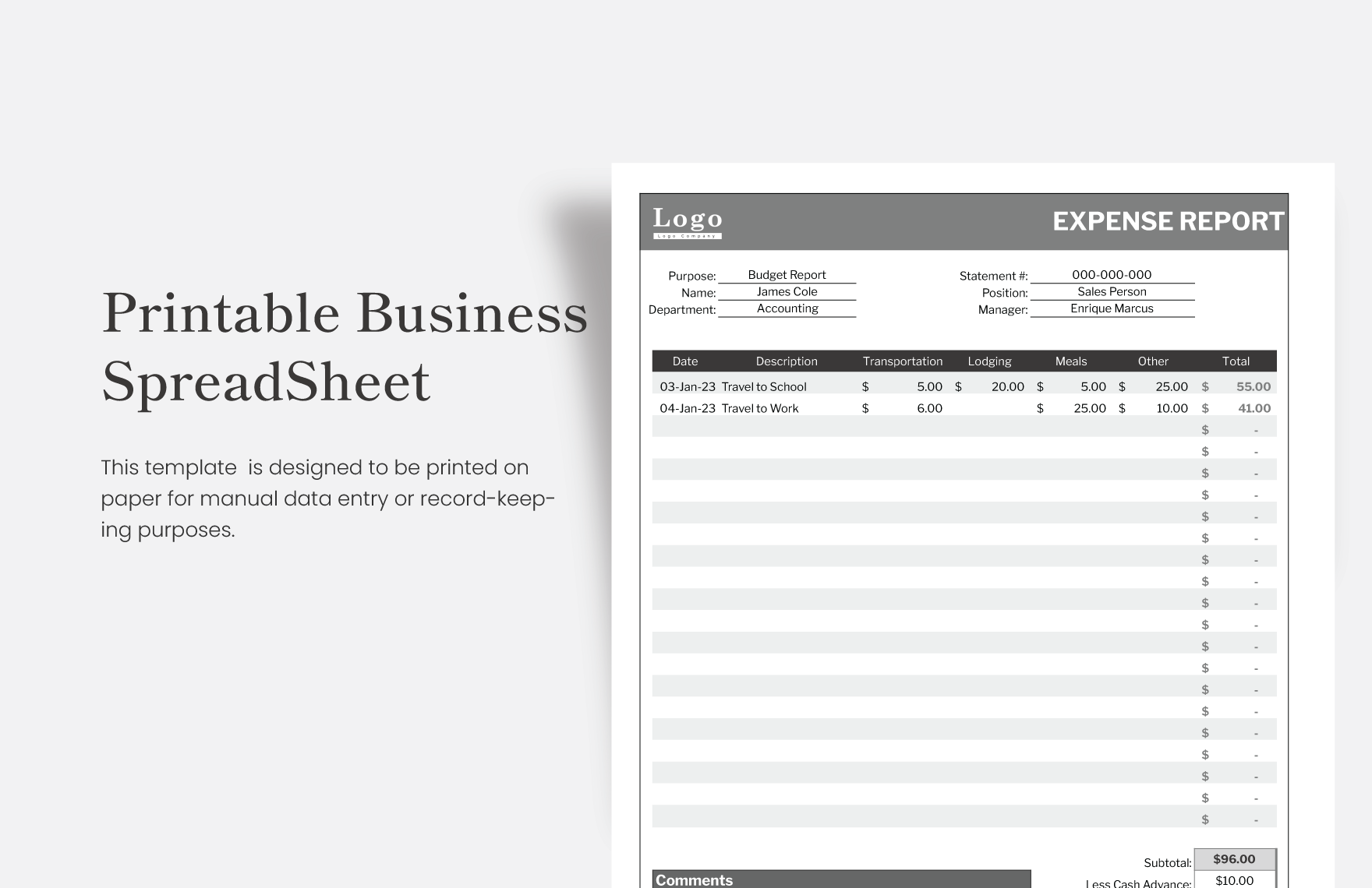 Printable Business Spreadsheet