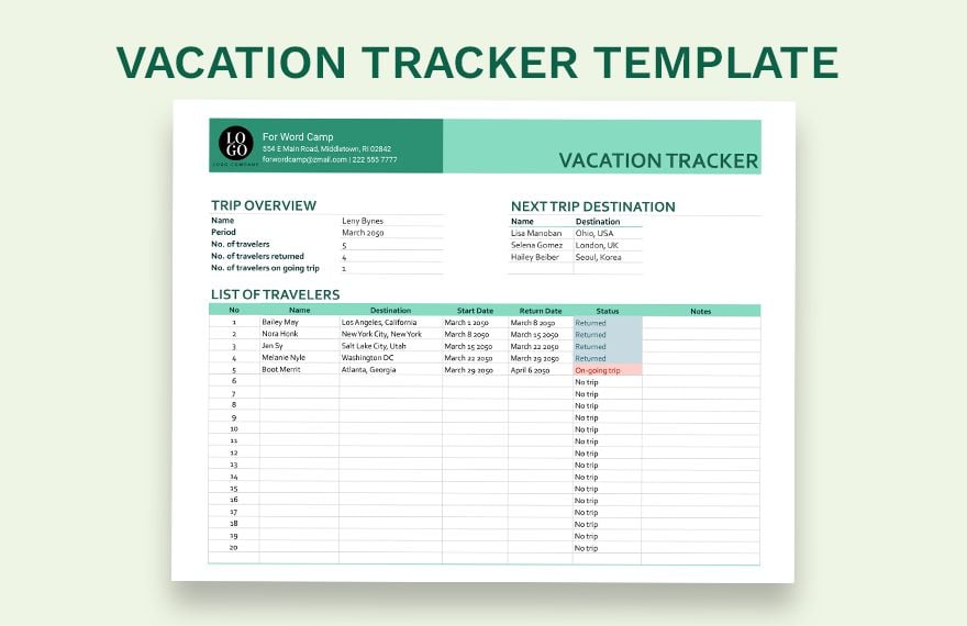 Vacation Tracker  in Excel, Google Sheets