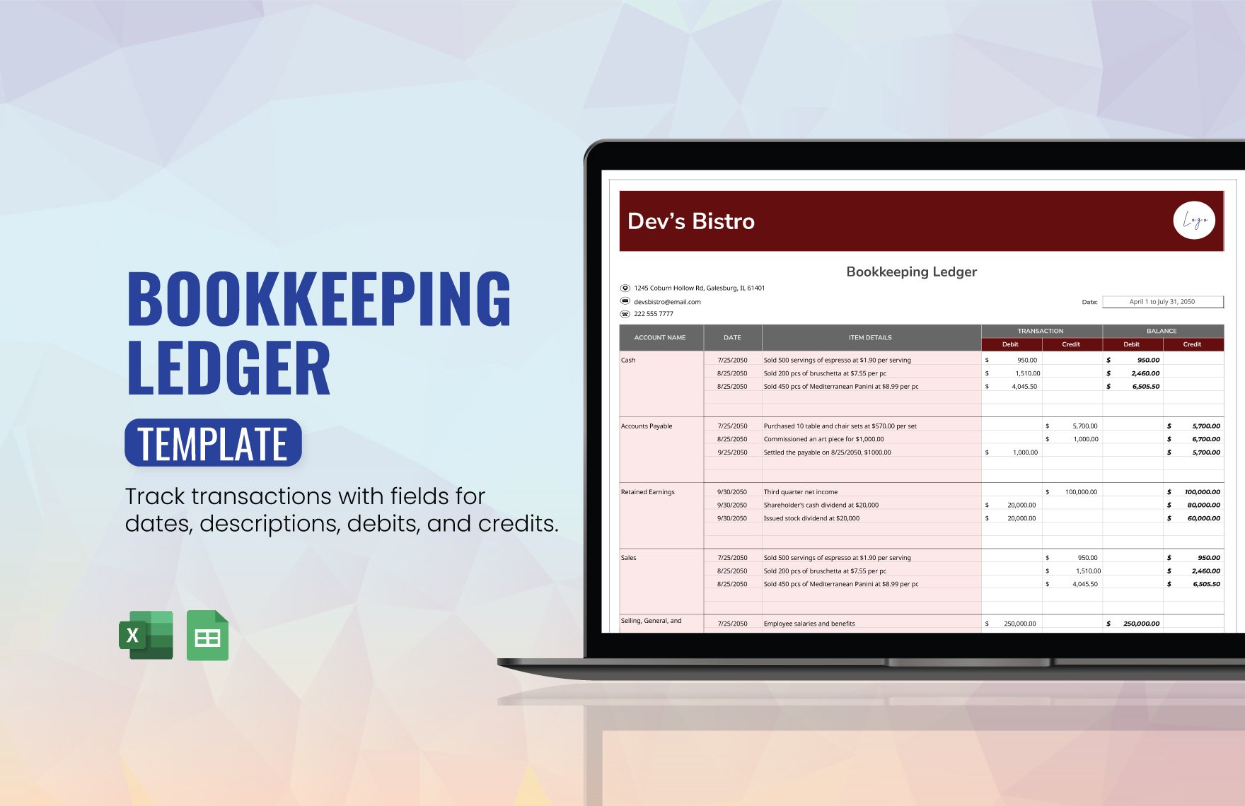 Bookkeeping Ledger Template in Excel, Google Sheets