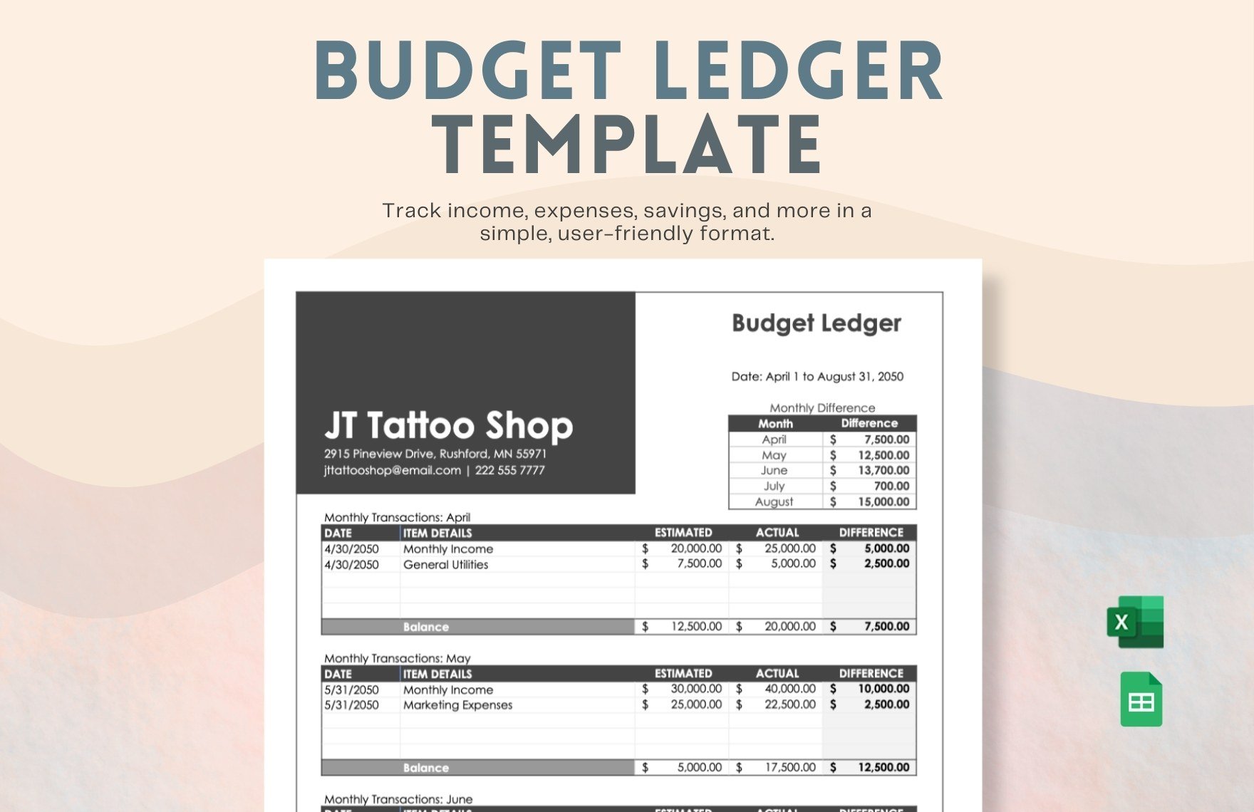 Budget  Ledger Template in Excel, Google Sheets