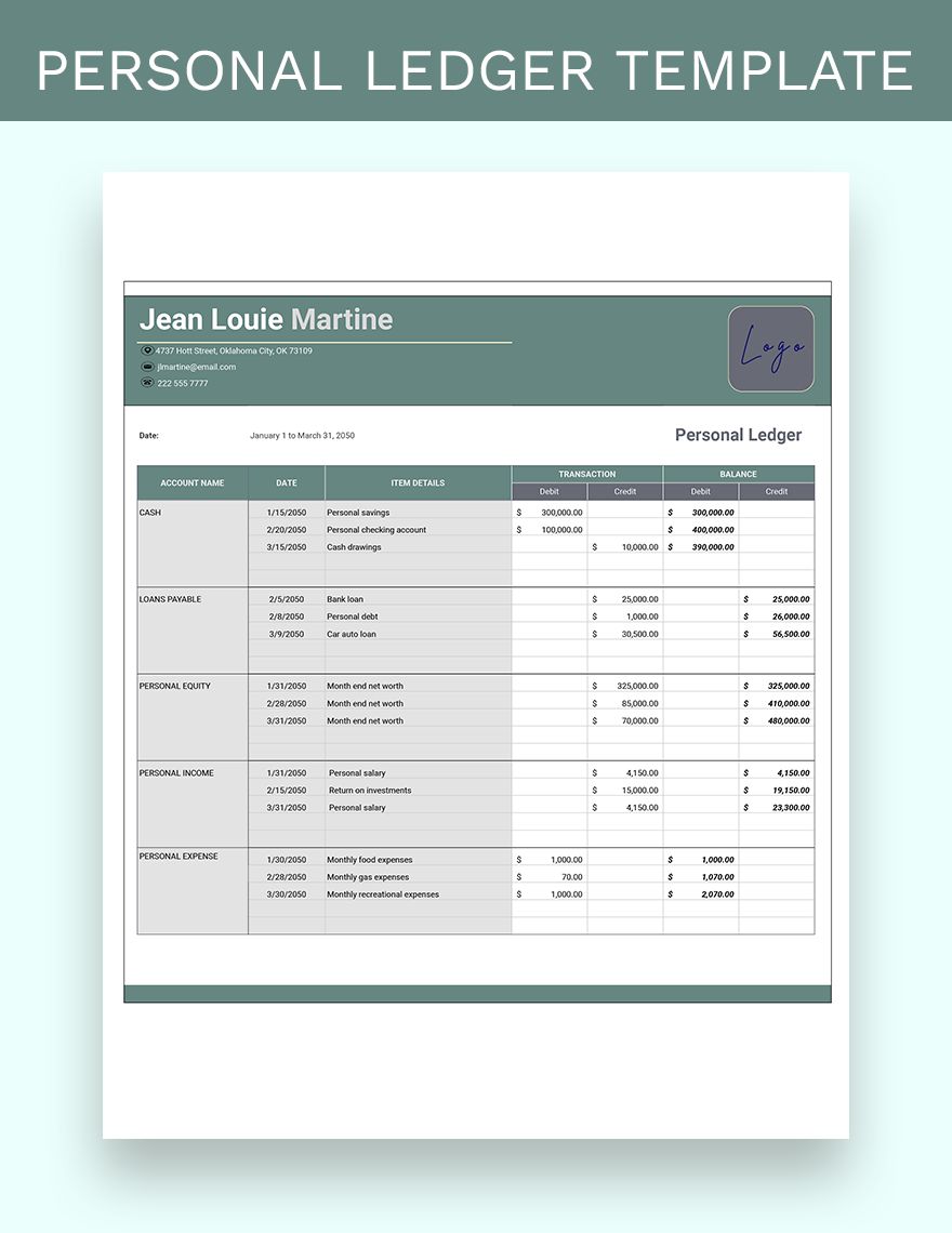 Personal Ledger Template Google Sheets, Excel