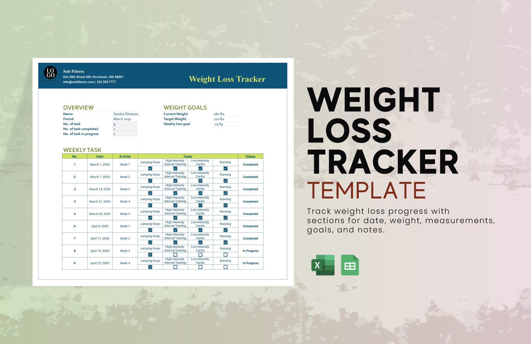 Weight Loss Tracker Template in Excel, Google Sheets