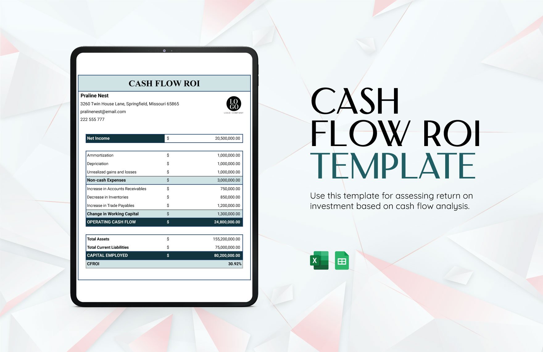 Cash Flow ROI Template in Excel, Google Sheets