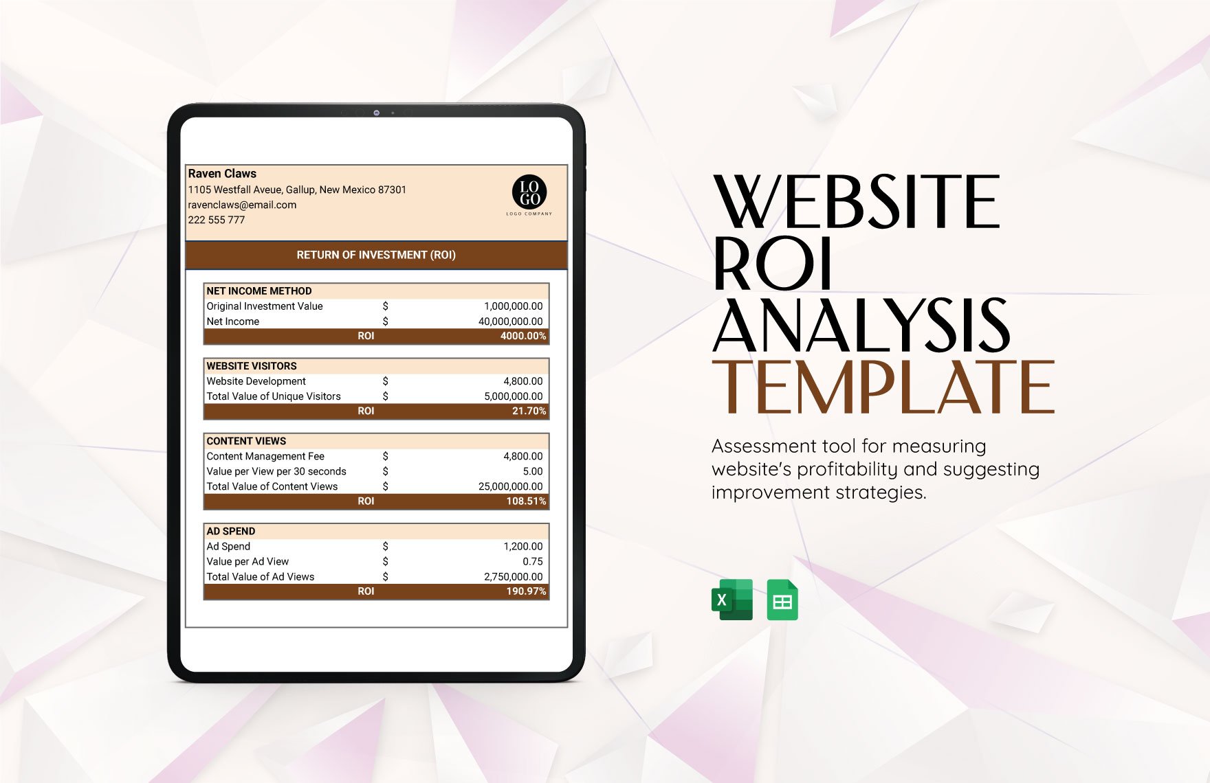 Website ROI Analysis Template in Excel, Google Sheets