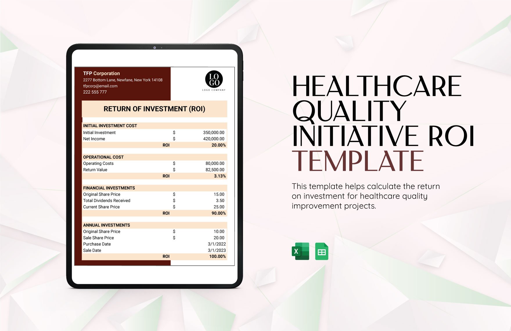 Healthcare Quality Initiative ROI Template in Excel, Google Sheets