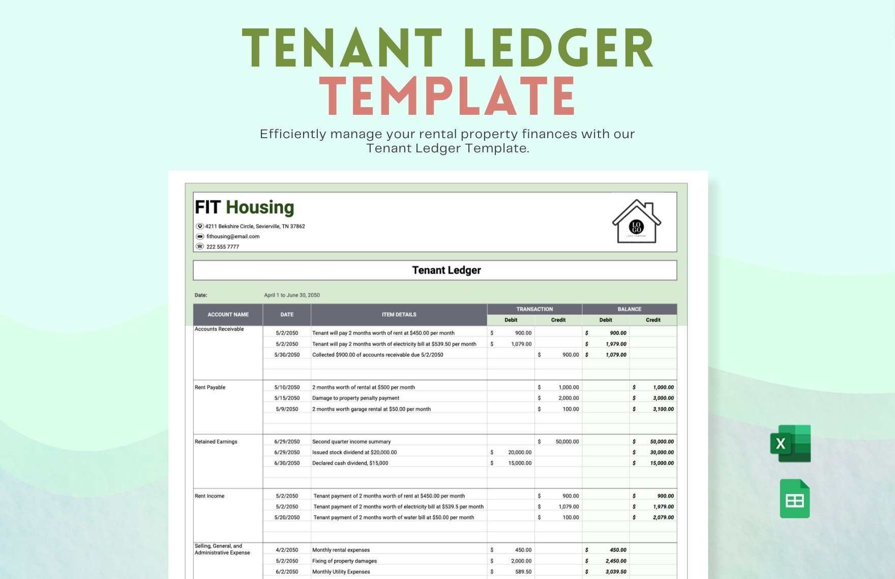 Tenant Ledger Template in Excel, Google Sheets
