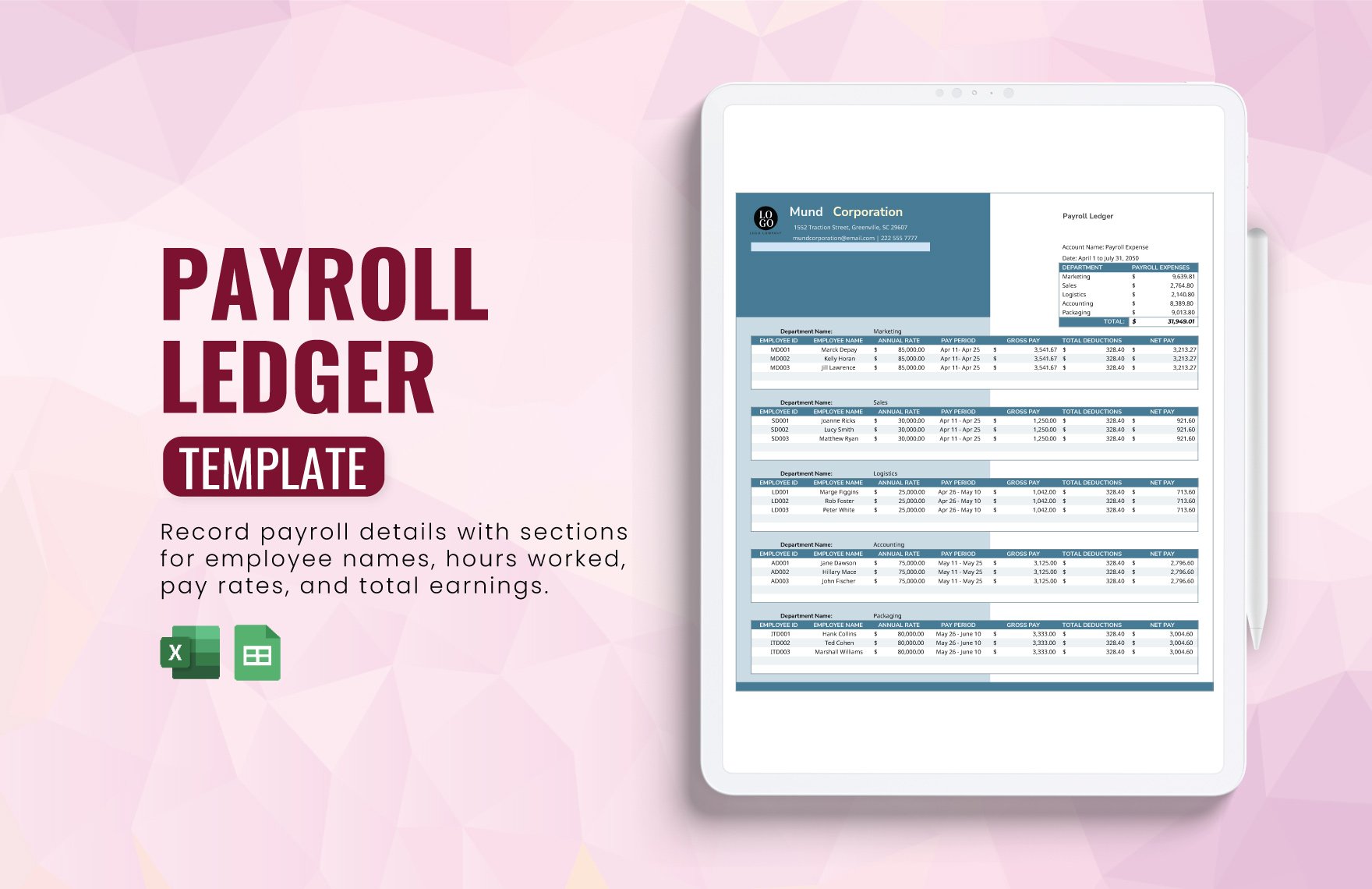 Payroll Ledger Template in Excel, Google Sheets
