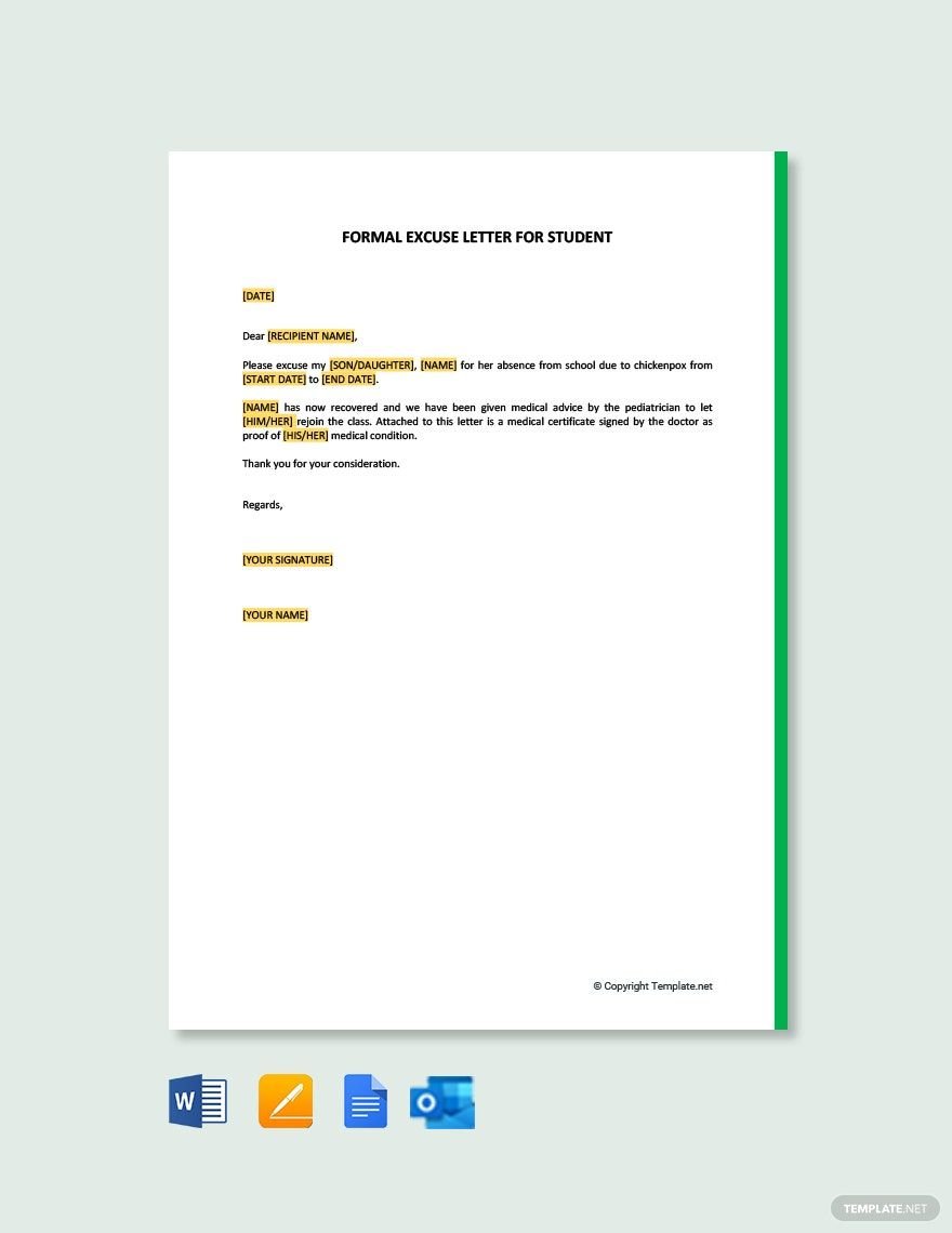 Formal Excuse Letter for Student in Word, Google Docs, PDF, Apple Pages