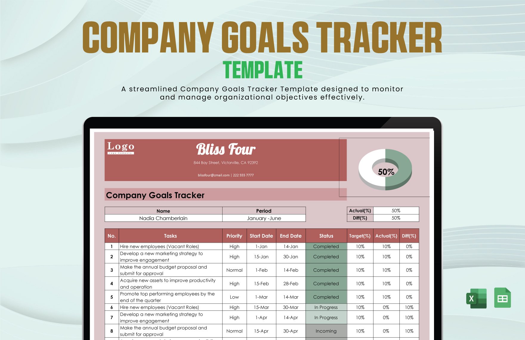 Company Goals Tracker Template in Excel, Google Sheets