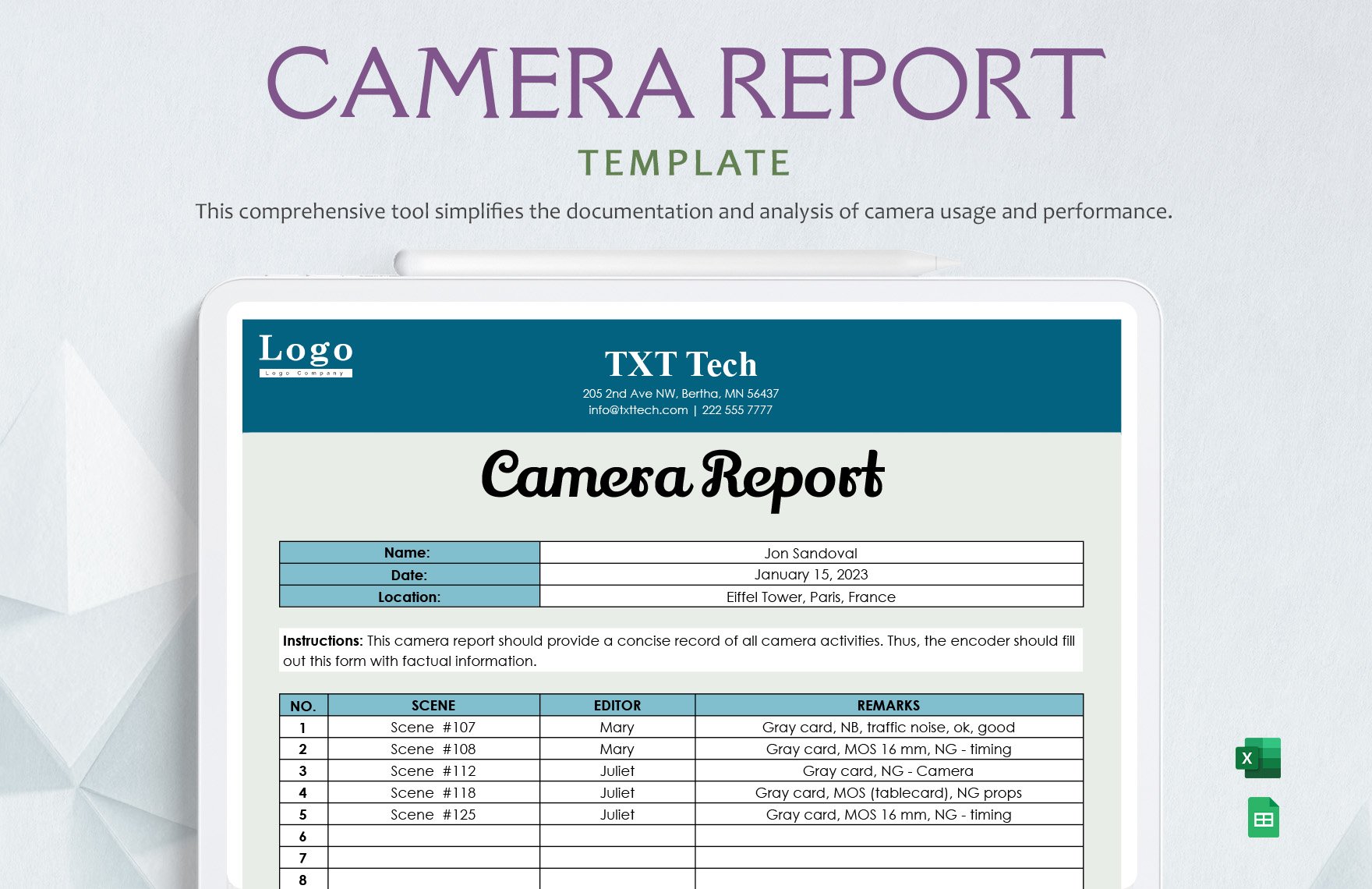 Camera Report Template in Excel, Google Sheets